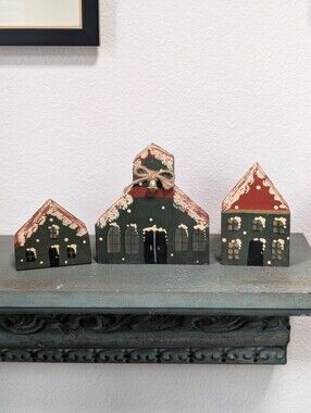 Vintage Handmade & Painted Small Block Houses Winter Village Primitive Folk Art